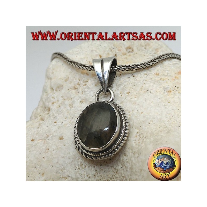 Silver pendant with oval labradorite surrounded by intertwining