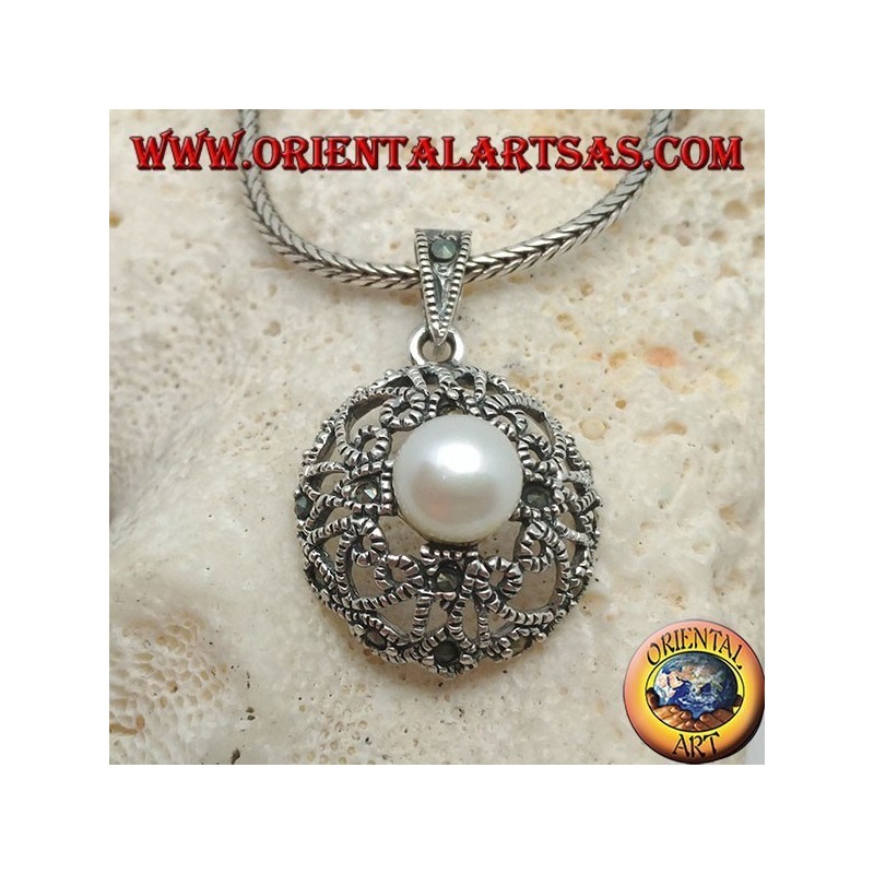 Silver pendant with pearl on a rounded disc with openwork hearts and marcasite decoration
