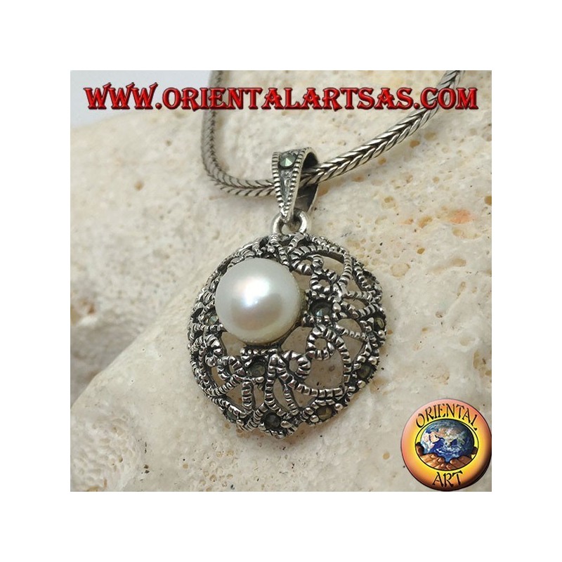 Silver pendant with pearl on a rounded disc with openwork hearts and marcasite decoration