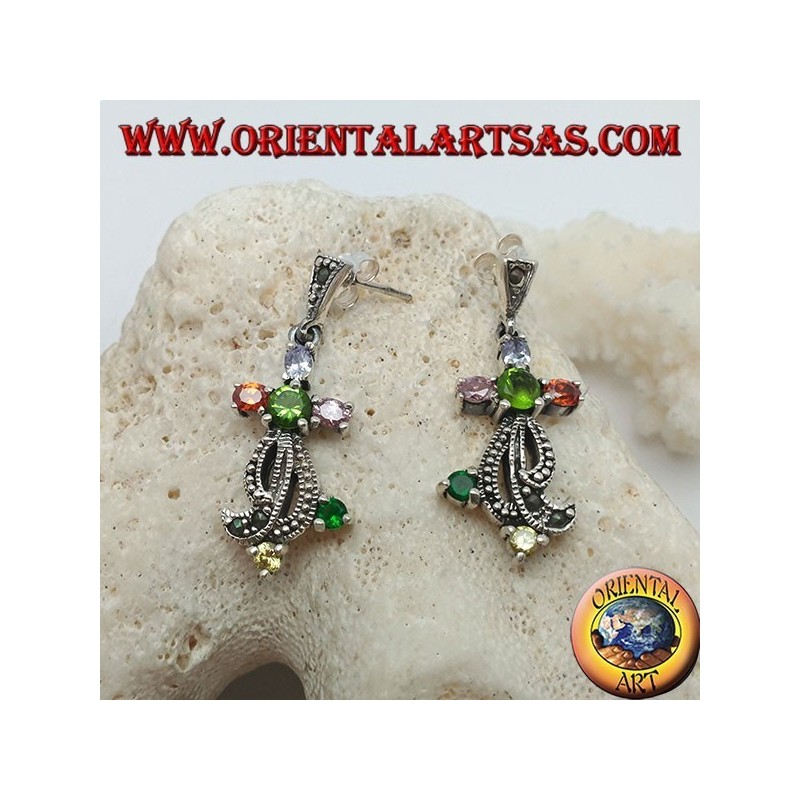 Conjunto de pendientes de plata con piedras semipreciosas mixtas y marcasita.