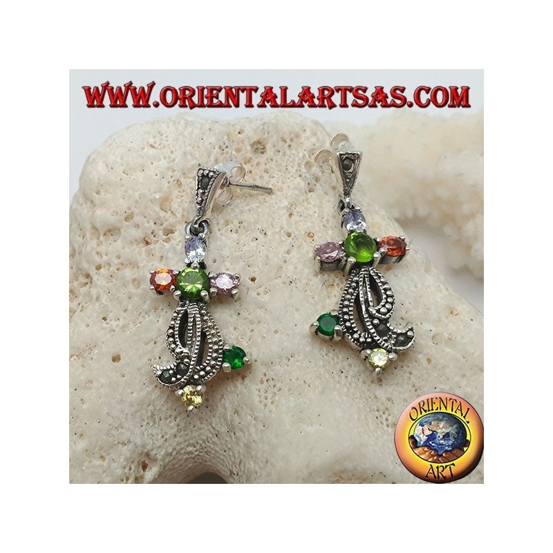 Conjunto de pendientes de plata con piedras semipreciosas mixtas y marcasita.