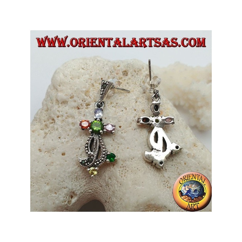 Boucles d'oreilles en argent avec ensemble de pierres semi-précieuses mixtes et marcassite