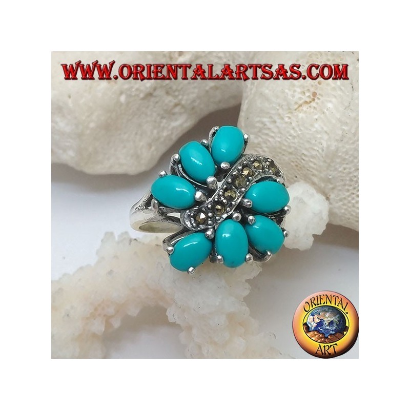 Silver ring with 7 oval turquoise set, divided by a marcasite wave line