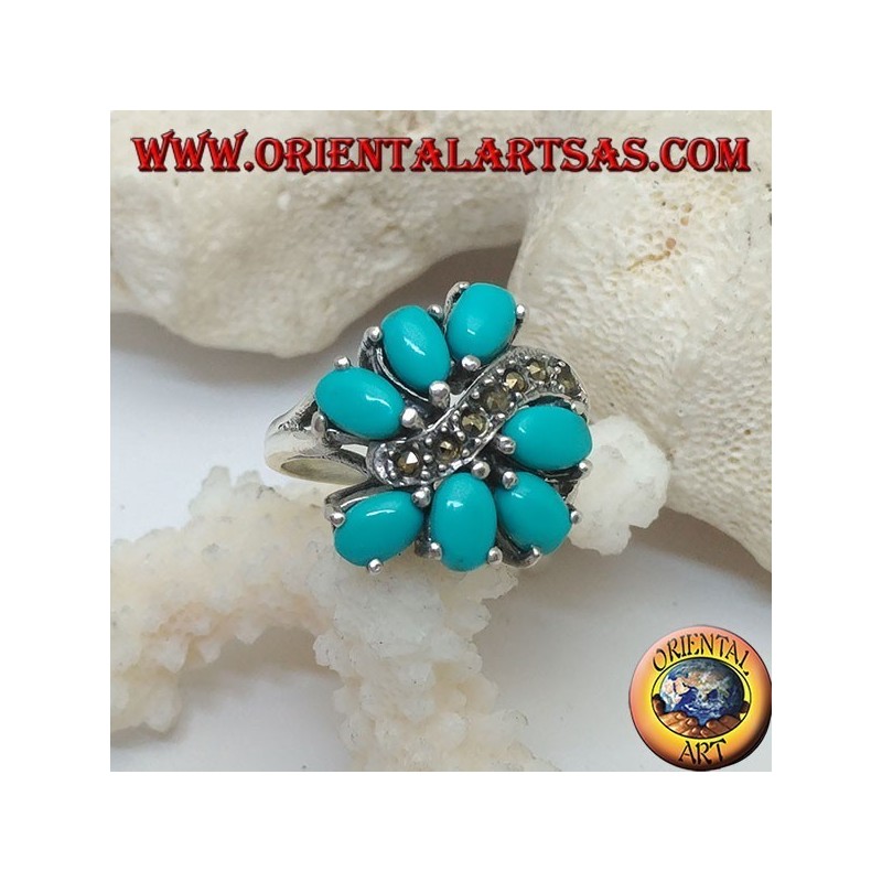 Bague en argent avec 7 turquoise ovale, divisée par une ligne de vague en marcassite