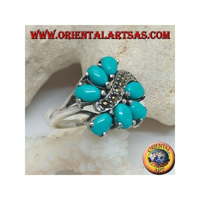 Bague en argent avec 7 turquoise ovale, divisée par une ligne de vague en marcassite