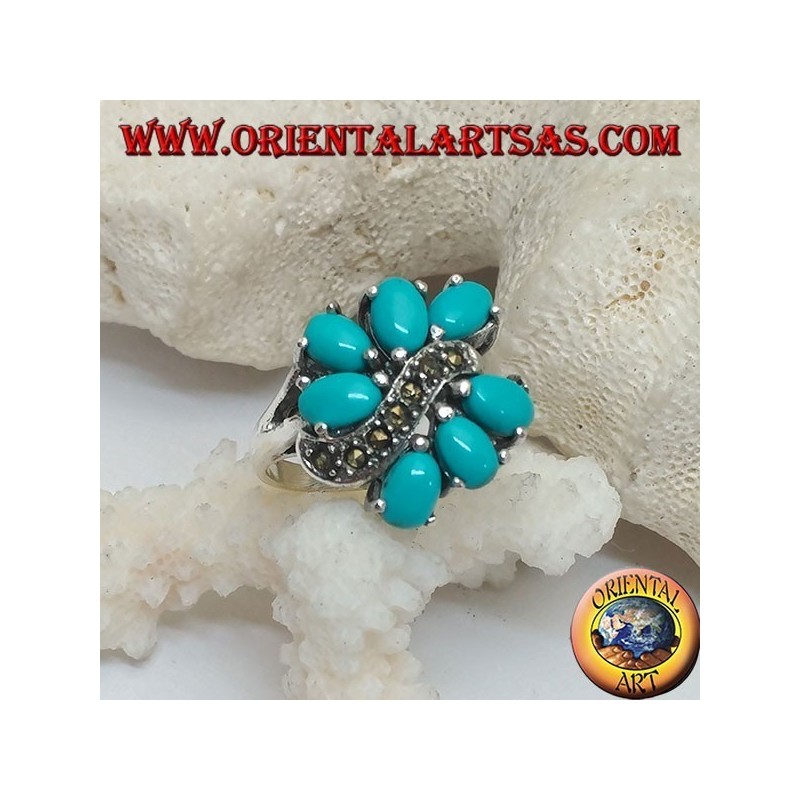 Bague en argent avec 7 turquoise ovale, divisée par une ligne de vague en marcassite