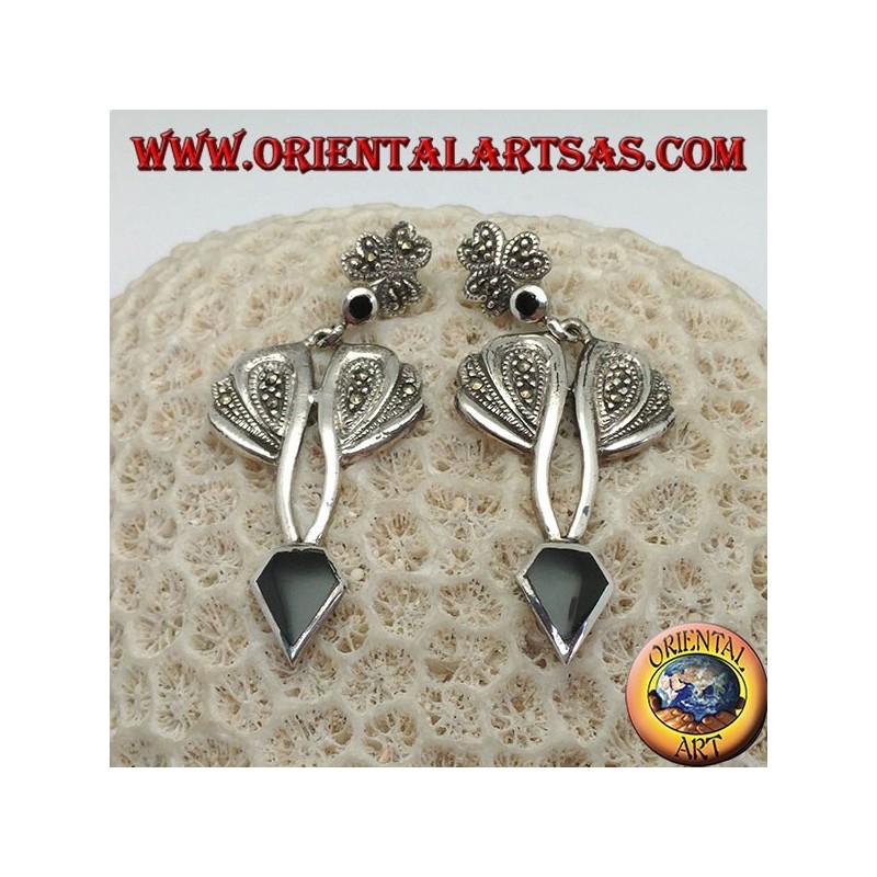 Boucles d'oreilles en argent avec onyx en forme de diamant et serti de marcassite