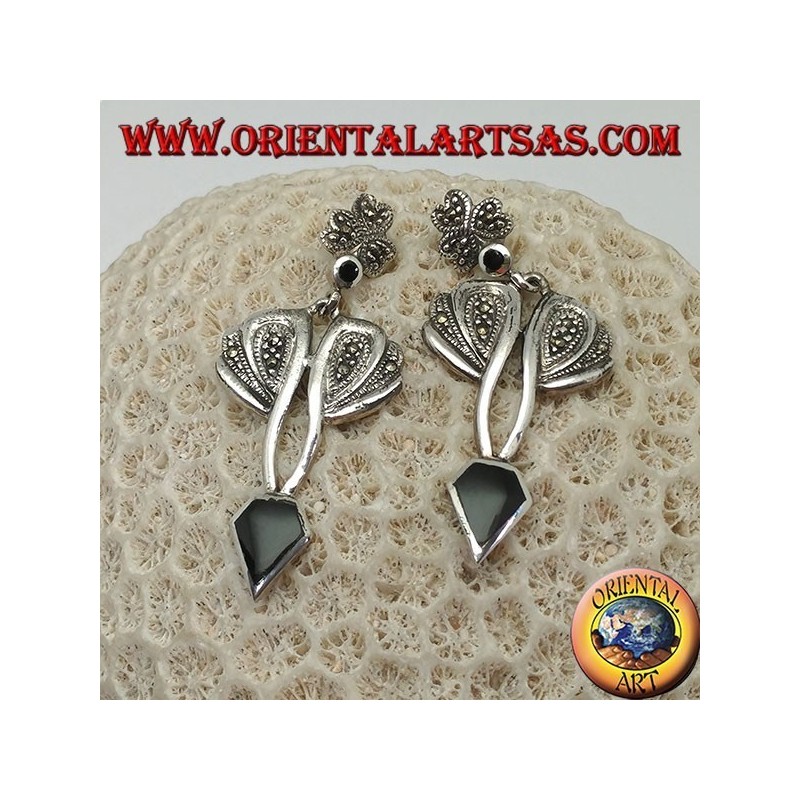 Orecchini in argento con onice a forma di diamante e montatura con marcassite