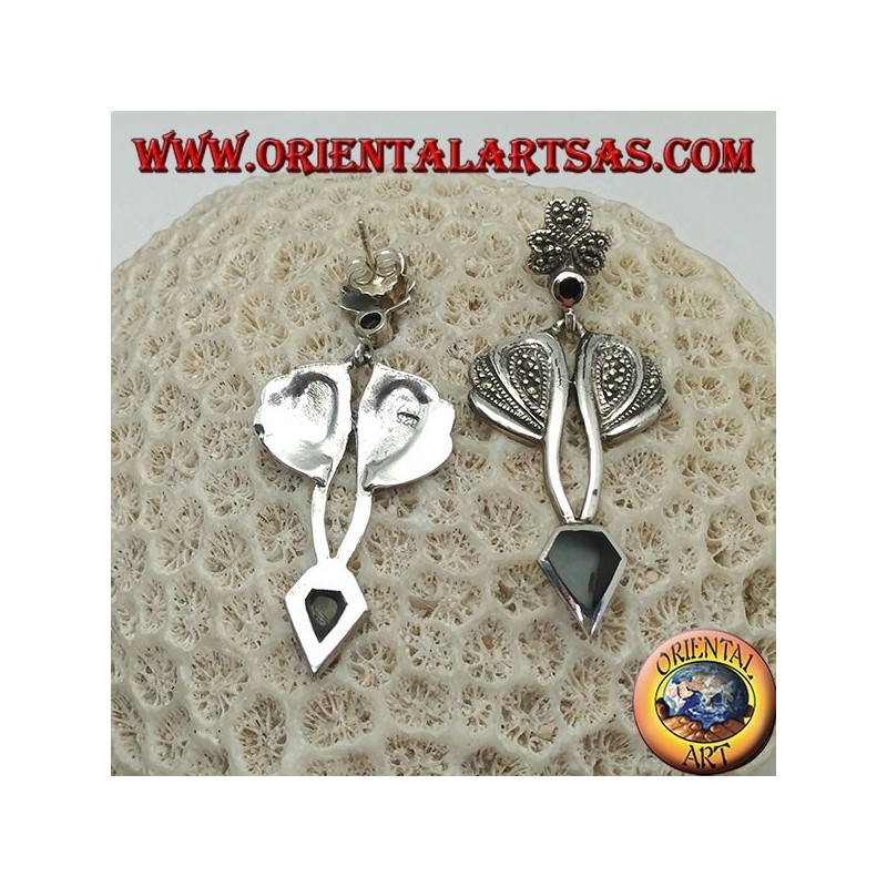 Boucles d'oreilles en argent avec onyx en forme de diamant et serti de marcassite