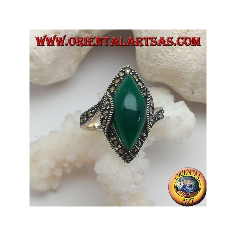 Silver ring with green cabochon shuttle agate surrounded by marcasite and rise on the sides