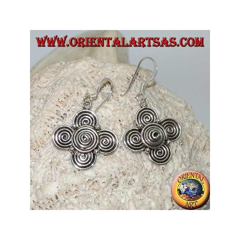 Silver pendant earrings with a cloverleaf of spirals