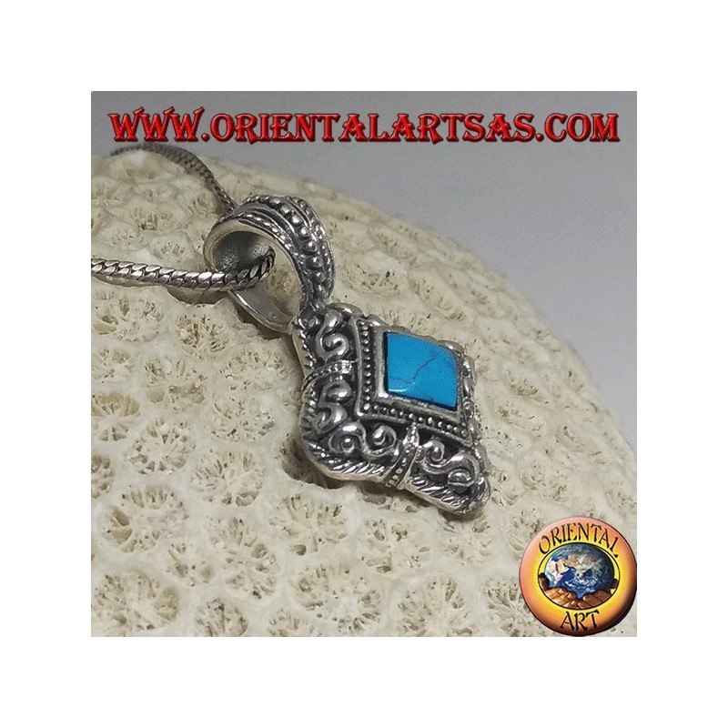 Rhomboid silver pendant with turquoise on a perforated rounded frame