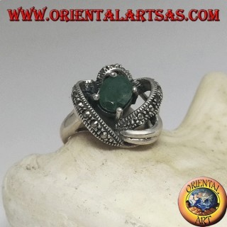 Bague en argent avec émeraude ovale naturelle sertie de fils 3D avec maracssite