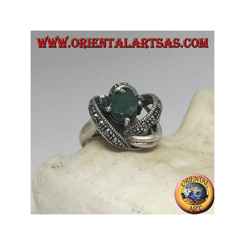 Bague en argent avec émeraude ovale naturelle sertie de fils 3D avec maracssite