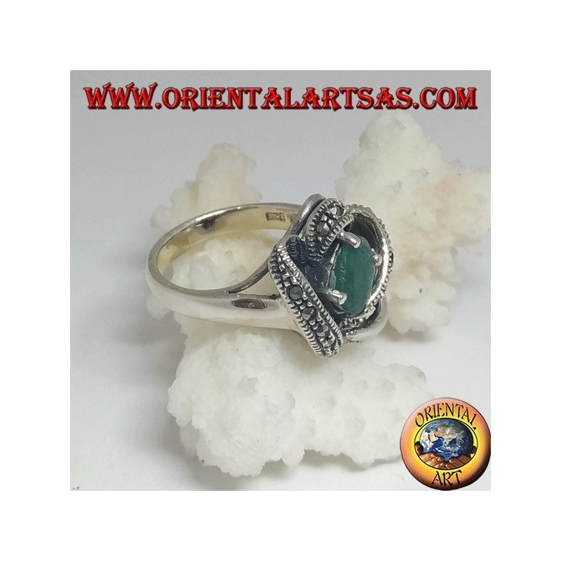 Silver ring with natural oval emerald set wrapped in 3D by threads with maracssite