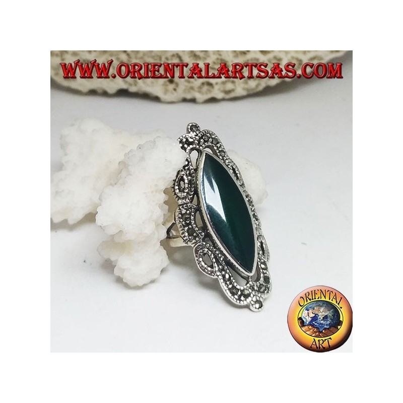 Silver ring with green shuttle agate and classic style decoration perforated with marcasite