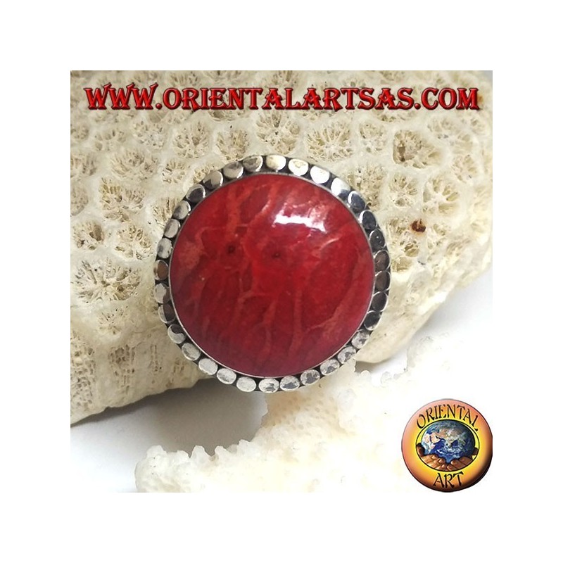 Round silver ring with red madrepora (coral) surrounded by adjustable disks (freesize)
