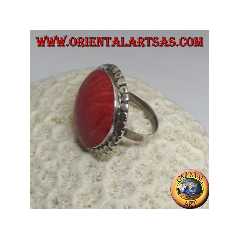 Runder silberner Ring mit roter Madrepora (Koralle), umgeben von verstellbaren Scheiben (Freesize)