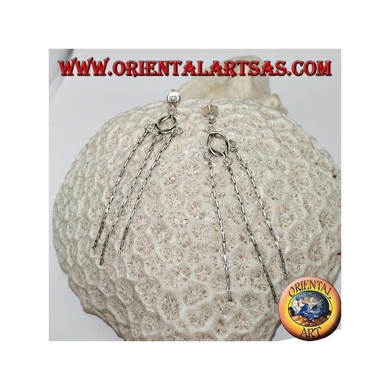 Silver lobe earrings with knot and three hanging knitted threads