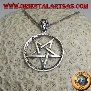 Silver pendant in the shape of an inverted pentacle in the circle with mixed engravings
