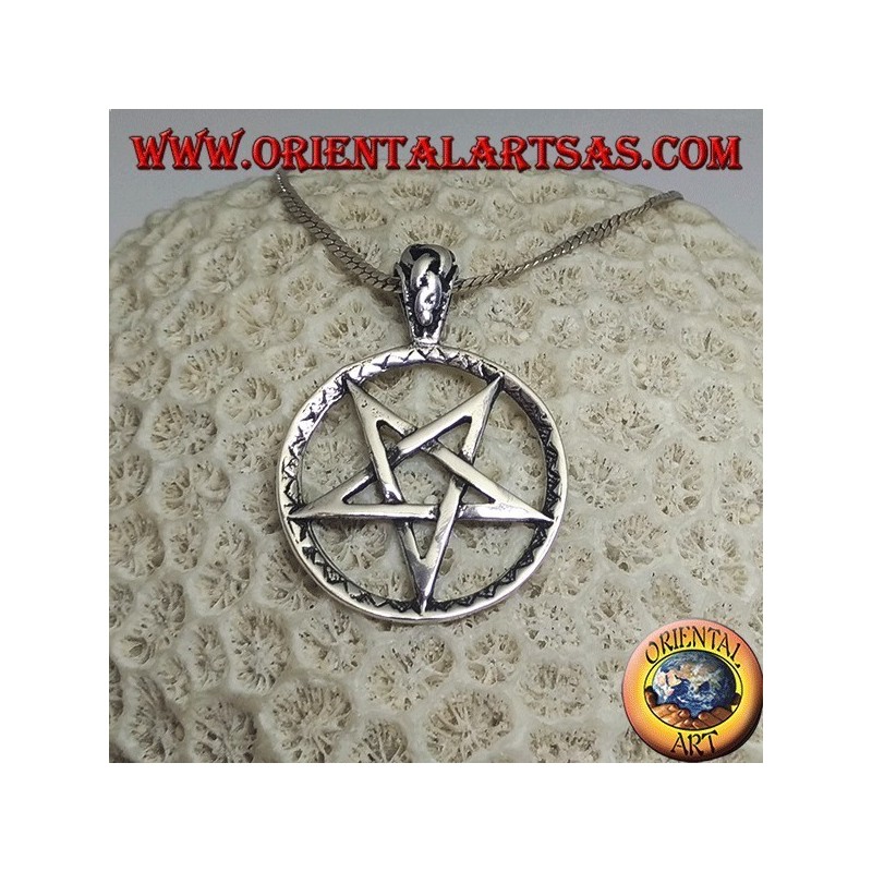 Silver pendant in the shape of an inverted pentacle in the circle with mixed engravings