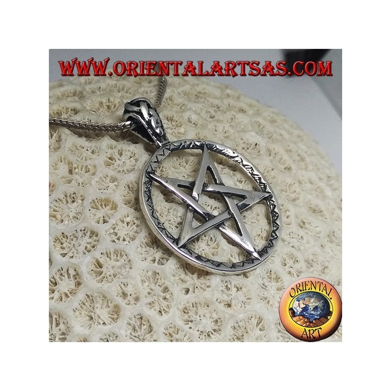Silver pendant in the shape of an inverted pentacle in the circle with mixed engravings