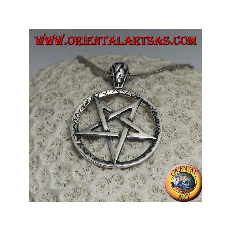 Silver pendant in the shape of an inverted pentacle in the circle with mixed engravings