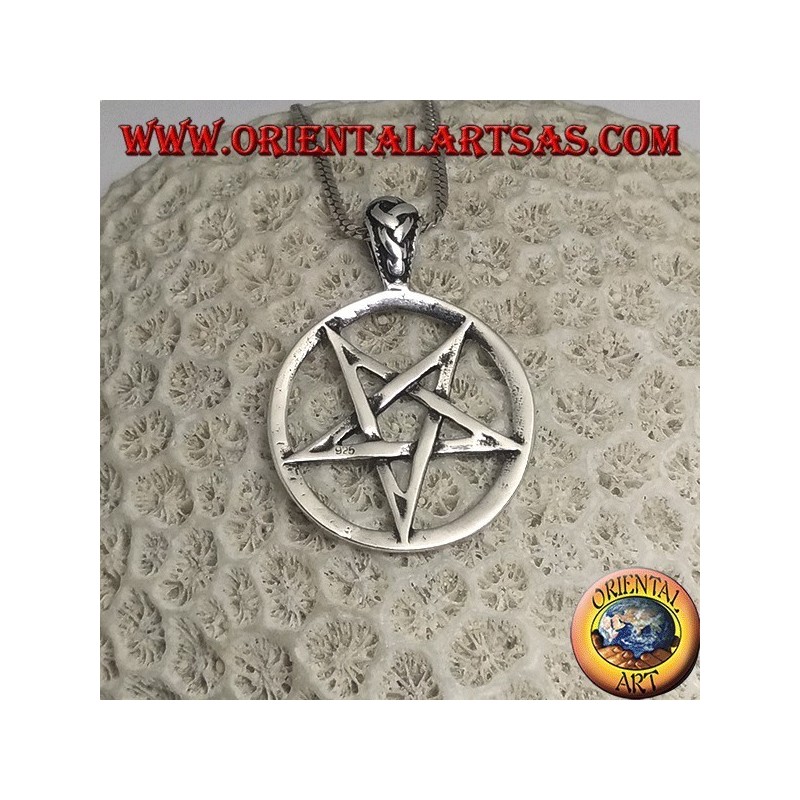 Silver pendant in the shape of an inverted pentacle in the circle with mixed engravings