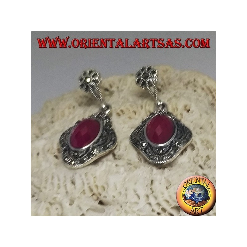Silver earrings with oval faceted synthetic ruby surrounded by marcasite and openwork