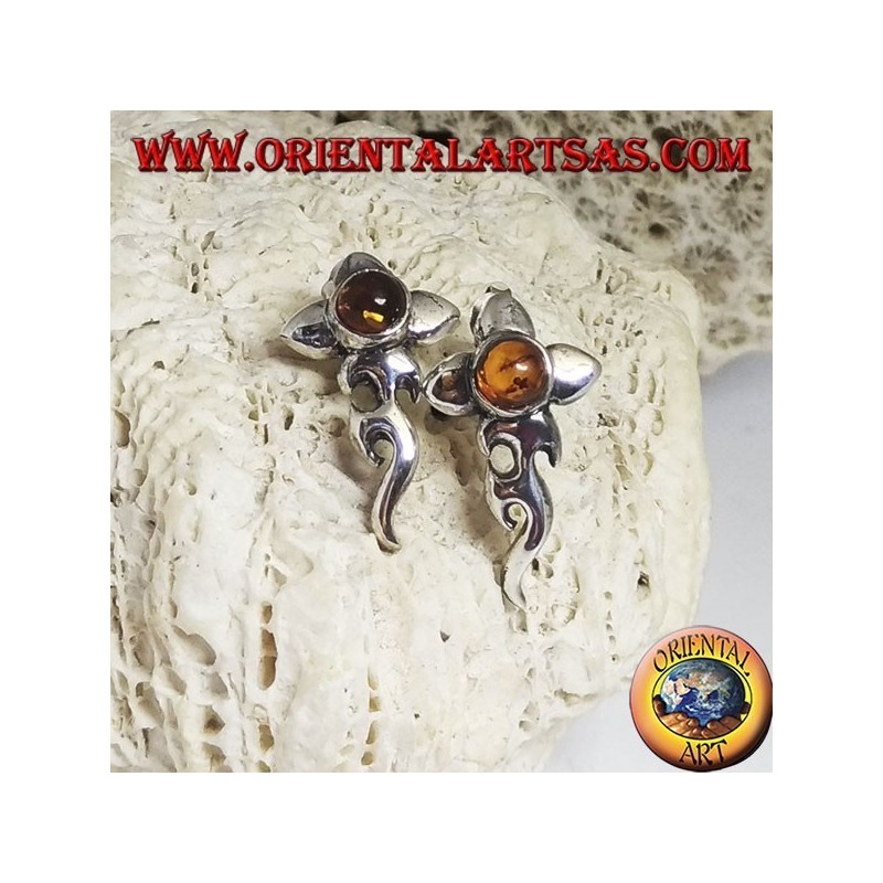 Silberohrringe mit rundem Bernstein-Cabochon und Blume mit verlängertem Bass