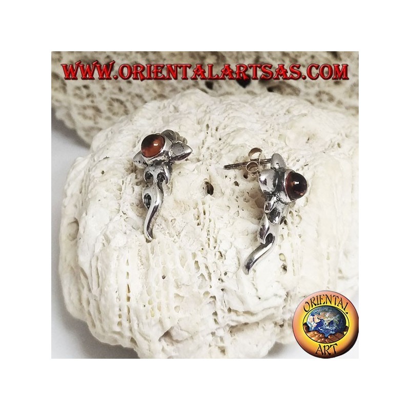 Boucles d'oreilles en argent avec cabochon ambre rond et fleur avec basse étendue