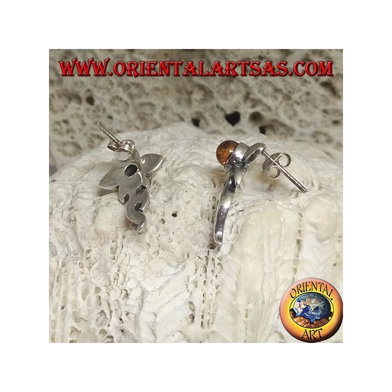 Boucles d'oreilles en argent avec cabochon ambre rond et fleur avec basse étendue