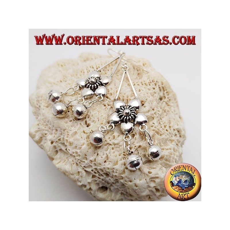 Silver earrings with 5-petal flower and three hanging bells