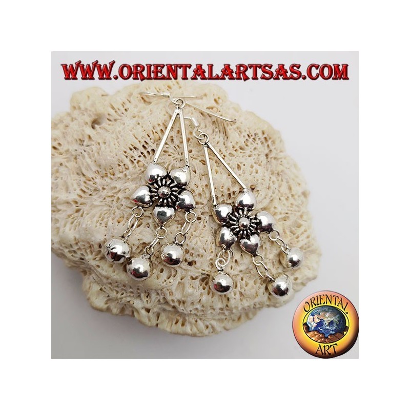 Silver earrings with 5-petal flower and three hanging bells