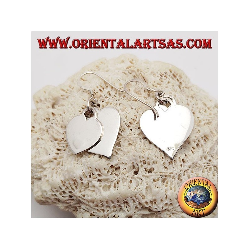 Silver earrings with two smooth overlapping hanging hearts