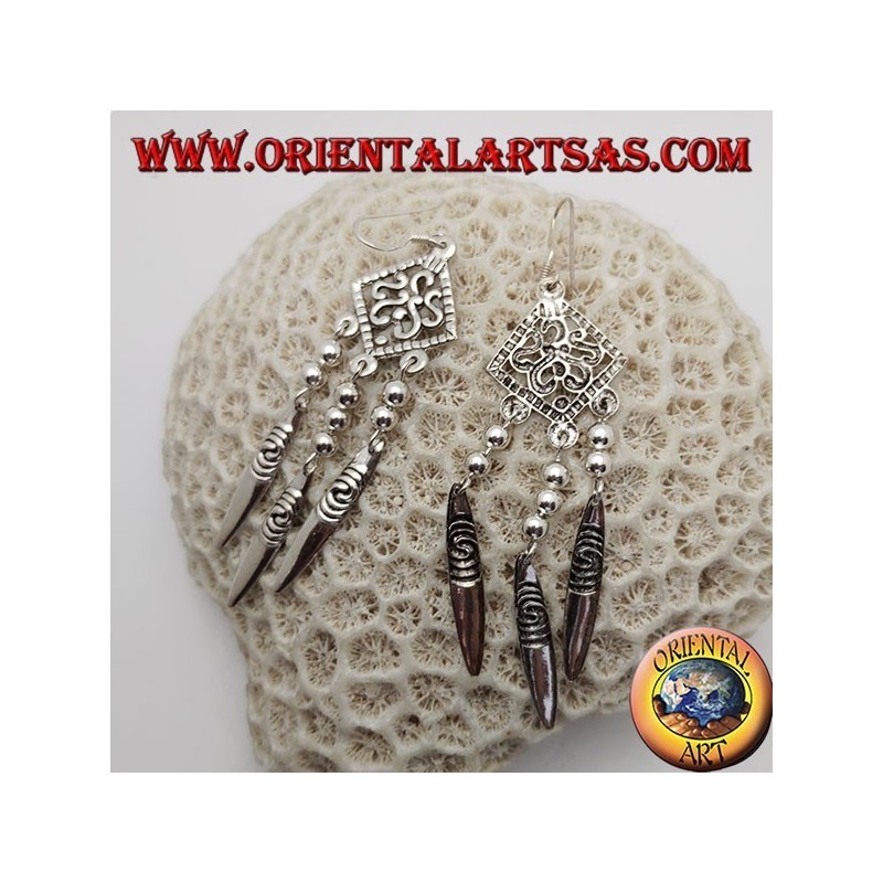 S-shaped silver earrings in an openwork rhombus with 3 hanging plates with engraved spirals