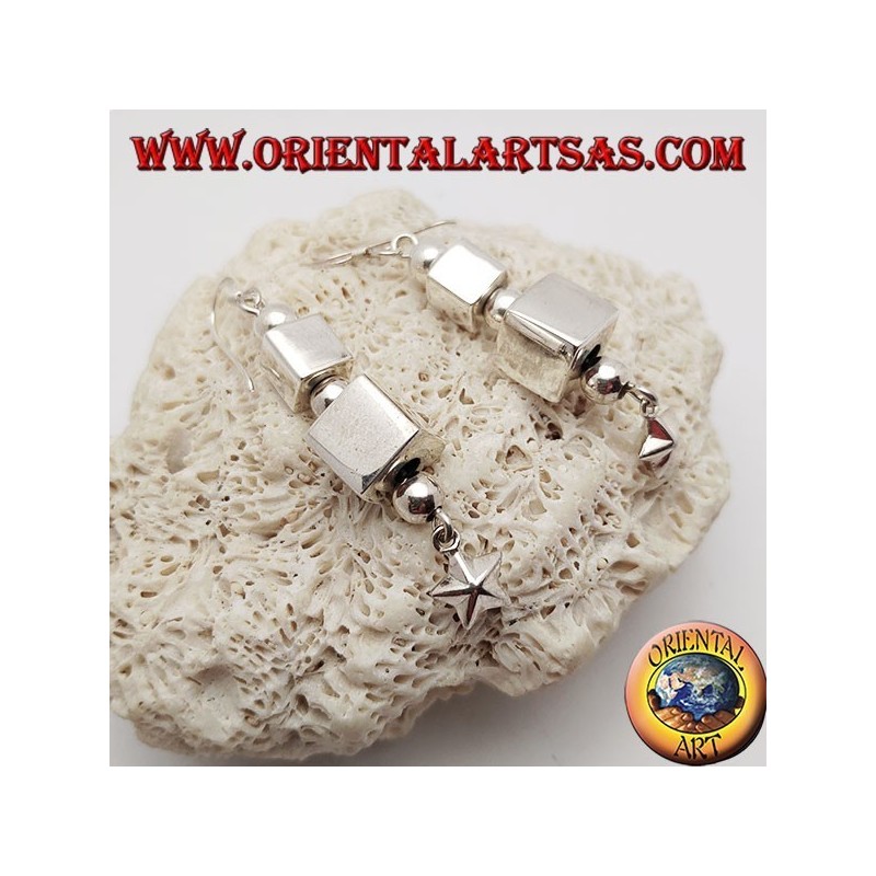 Silver earrings with parallelepipeds and alternating spheres with final hanging star