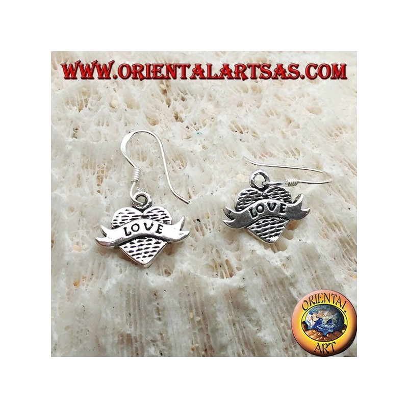Silver earrings with heart pendant and band with "love" writing