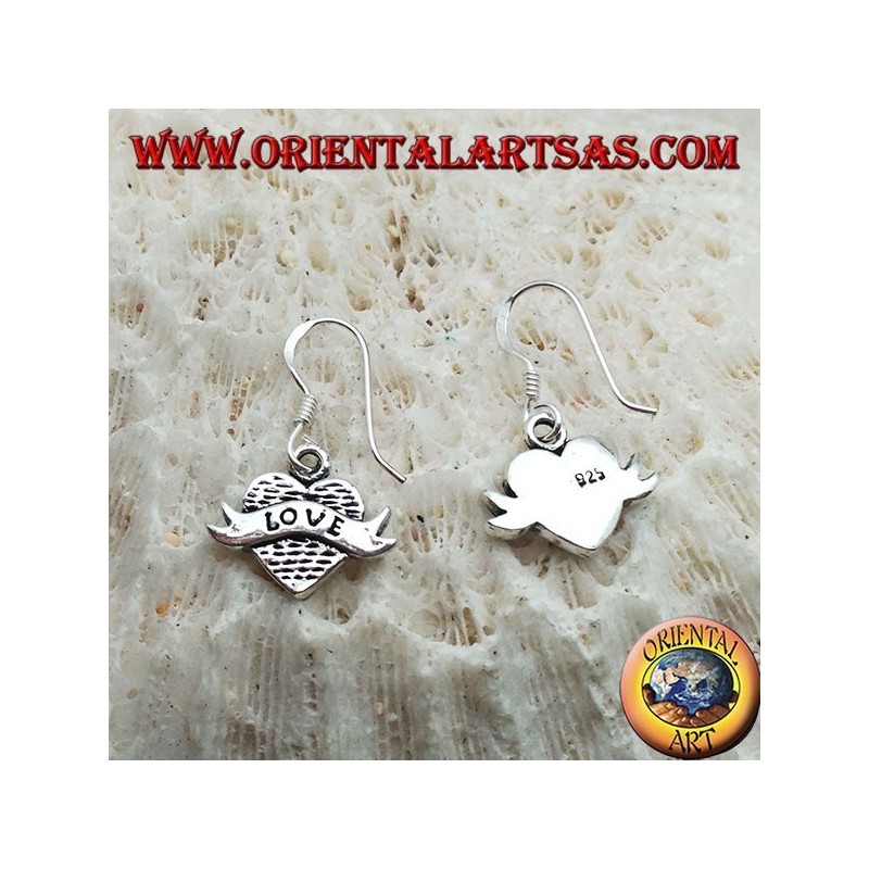Silver earrings with heart pendant and band with "love" writing