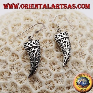 Silver earrings in the shape of an openwork lucky horn with floral decorations