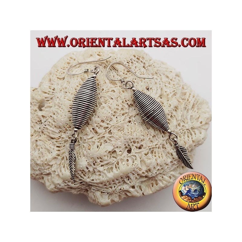 Double-cone silver wire earrings with feather pendant