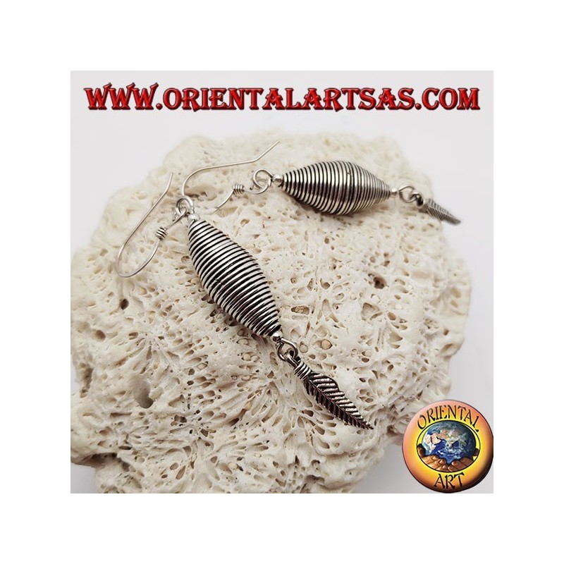 Double-cone silver wire earrings with feather pendant