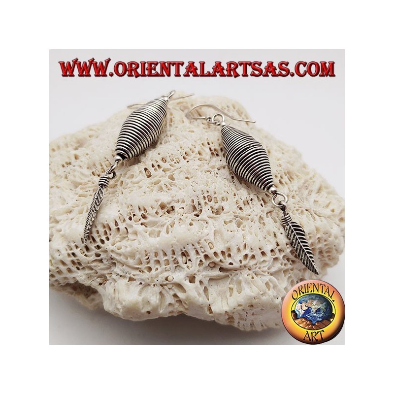Double-cone silver wire earrings with feather pendant
