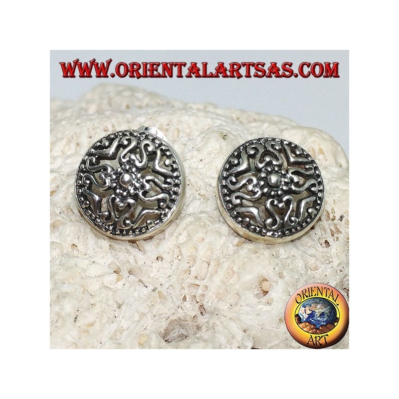 Round lobe silver earrings with perforated ethnic decorations