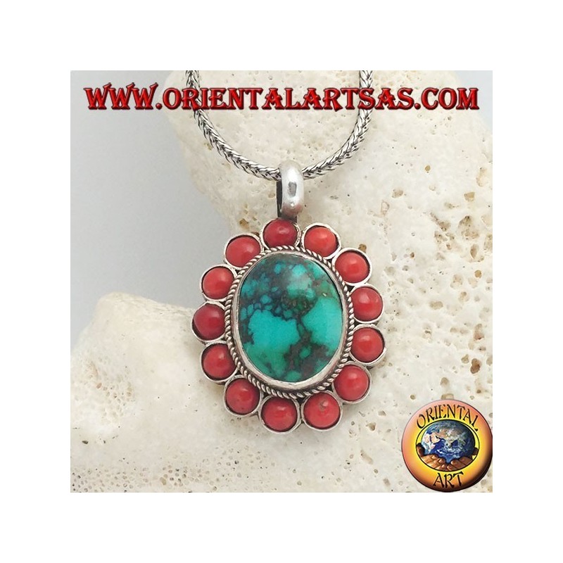 Pendentif grande fleur en argent avec turquoise ovale naturelle tibétaine et coraux ronds