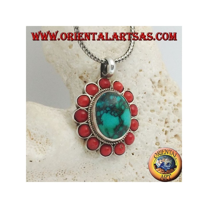 Ciondolo in argento a fiore grande con turchese ovale naturale tibetano e coralli tondi