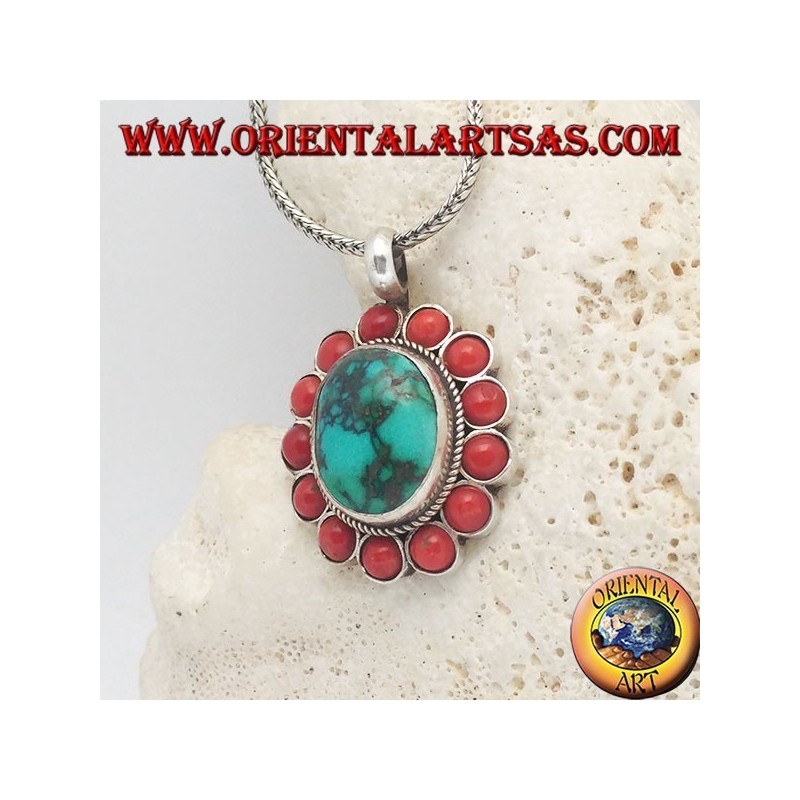 Pendentif grande fleur en argent avec turquoise ovale naturelle tibétaine et coraux ronds