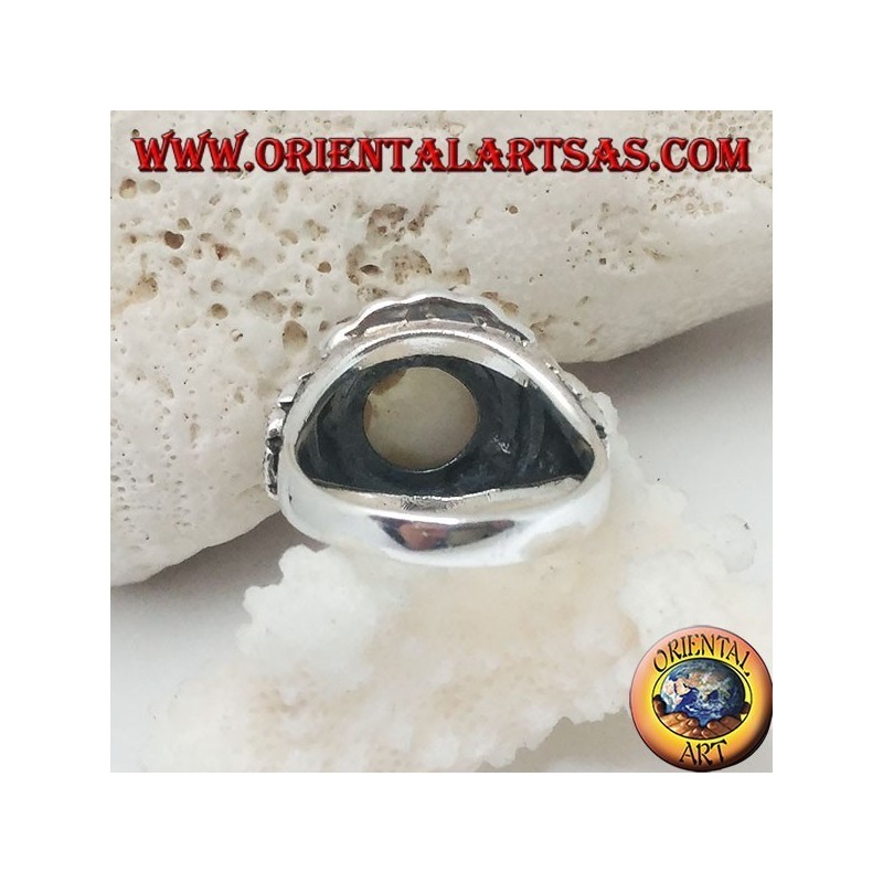 Silver ring with raised mother of pearl surrounded by marcasite