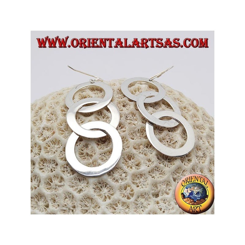 Boucles d'oreilles en argent avec trois pendentifs chaînés lisses et plats