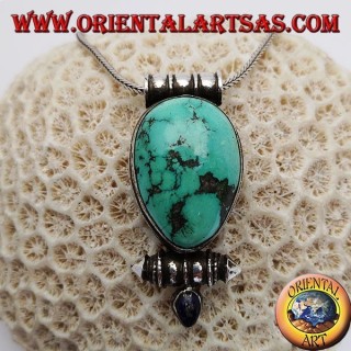 Ciondolo in argento "Gao Kalachakra" a scatola con turchese tibetano antico a goccia